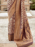 Stunning Brown Printed Tissue Silk Traditional Saree With Blouse