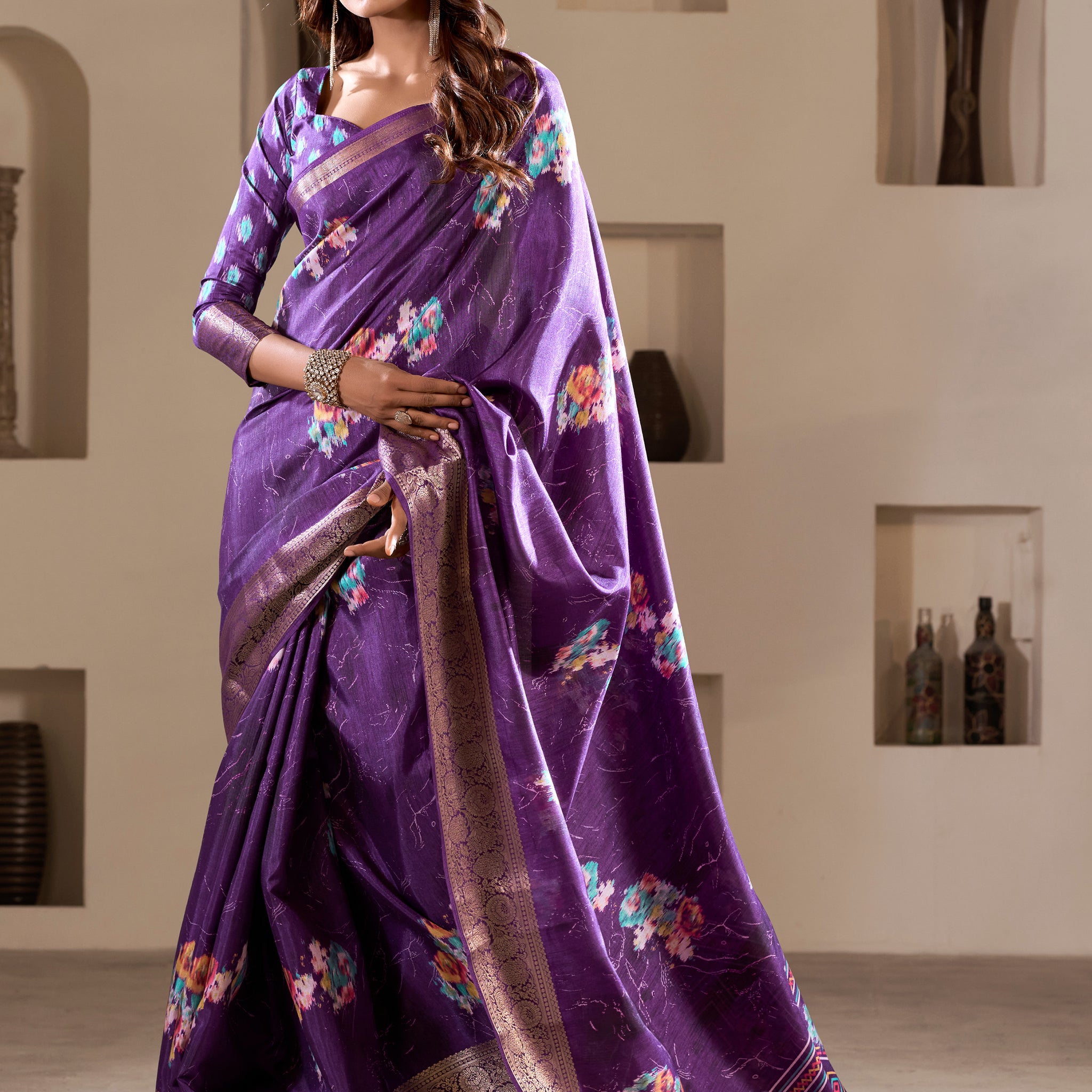 Stunning Purple Printed Silk Event Wear Saree With Blouse