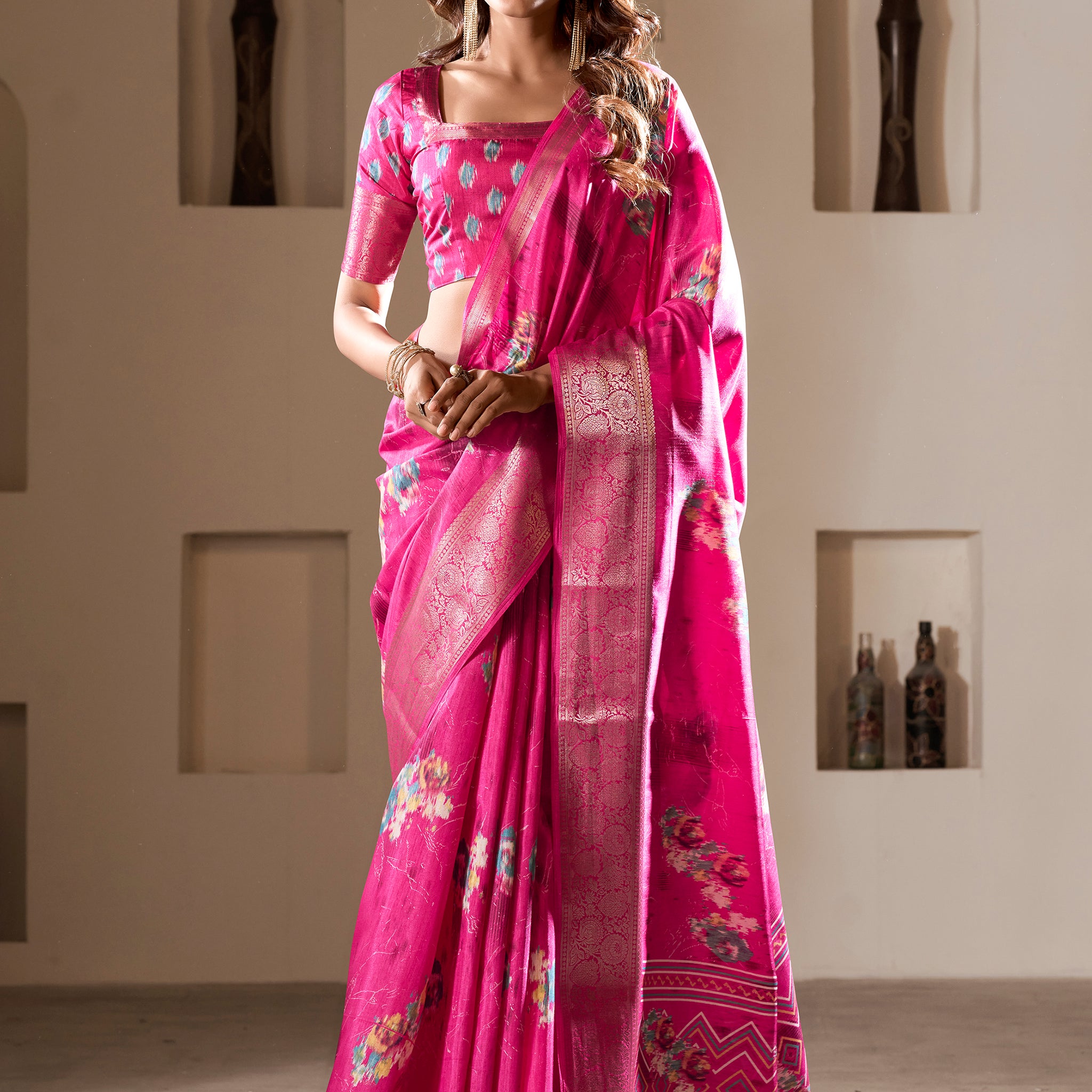 Enchanting Pink Printed Silk Traditional Saree With Blouse