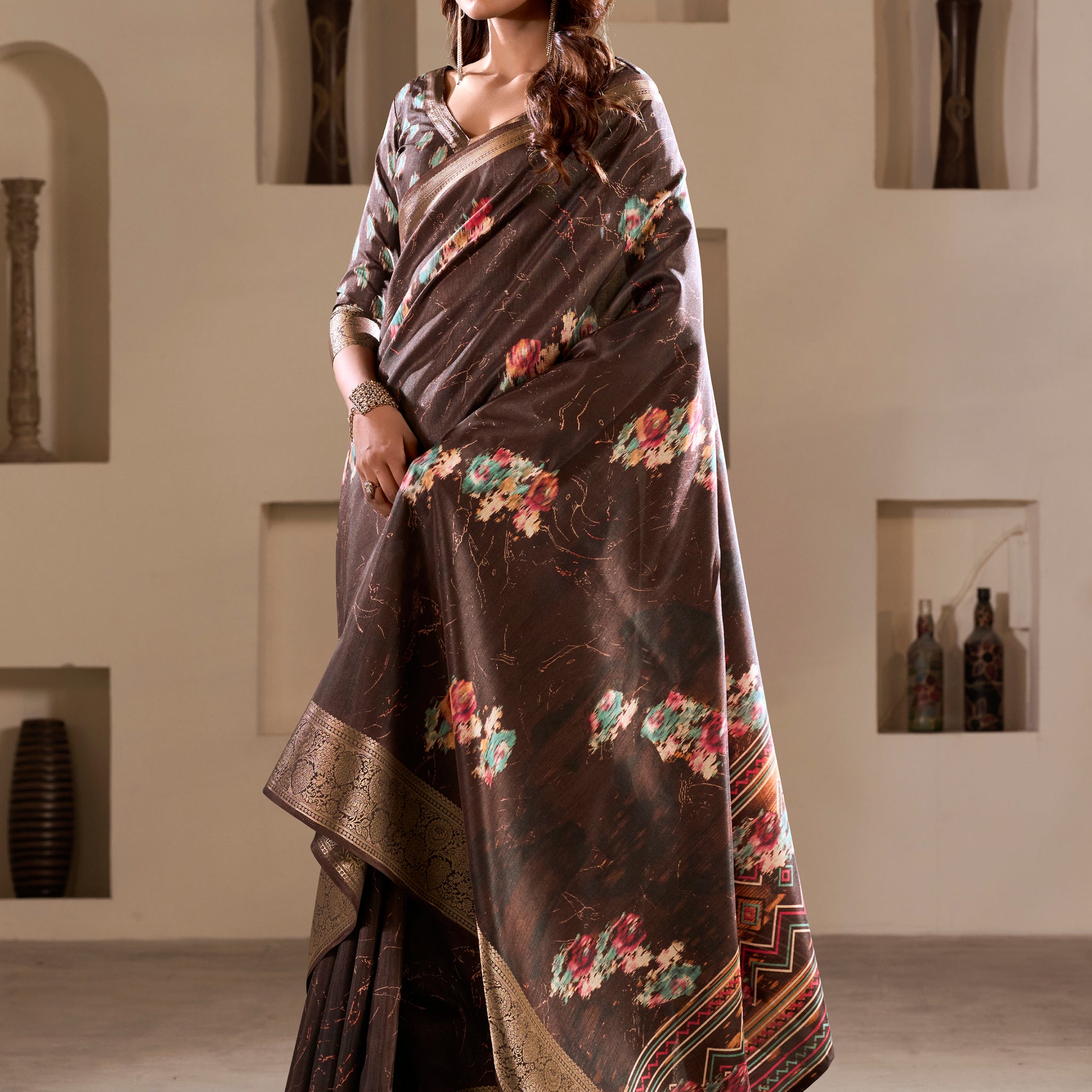 Attractive Brown Printed Silk Festival Wear Saree With Blouse