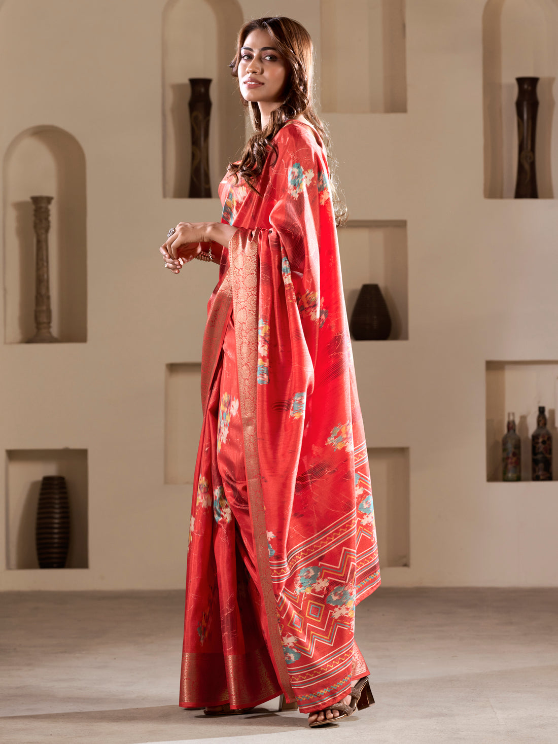 Alluring Coral Red Printed Silk Event Wear Saree With Blouse