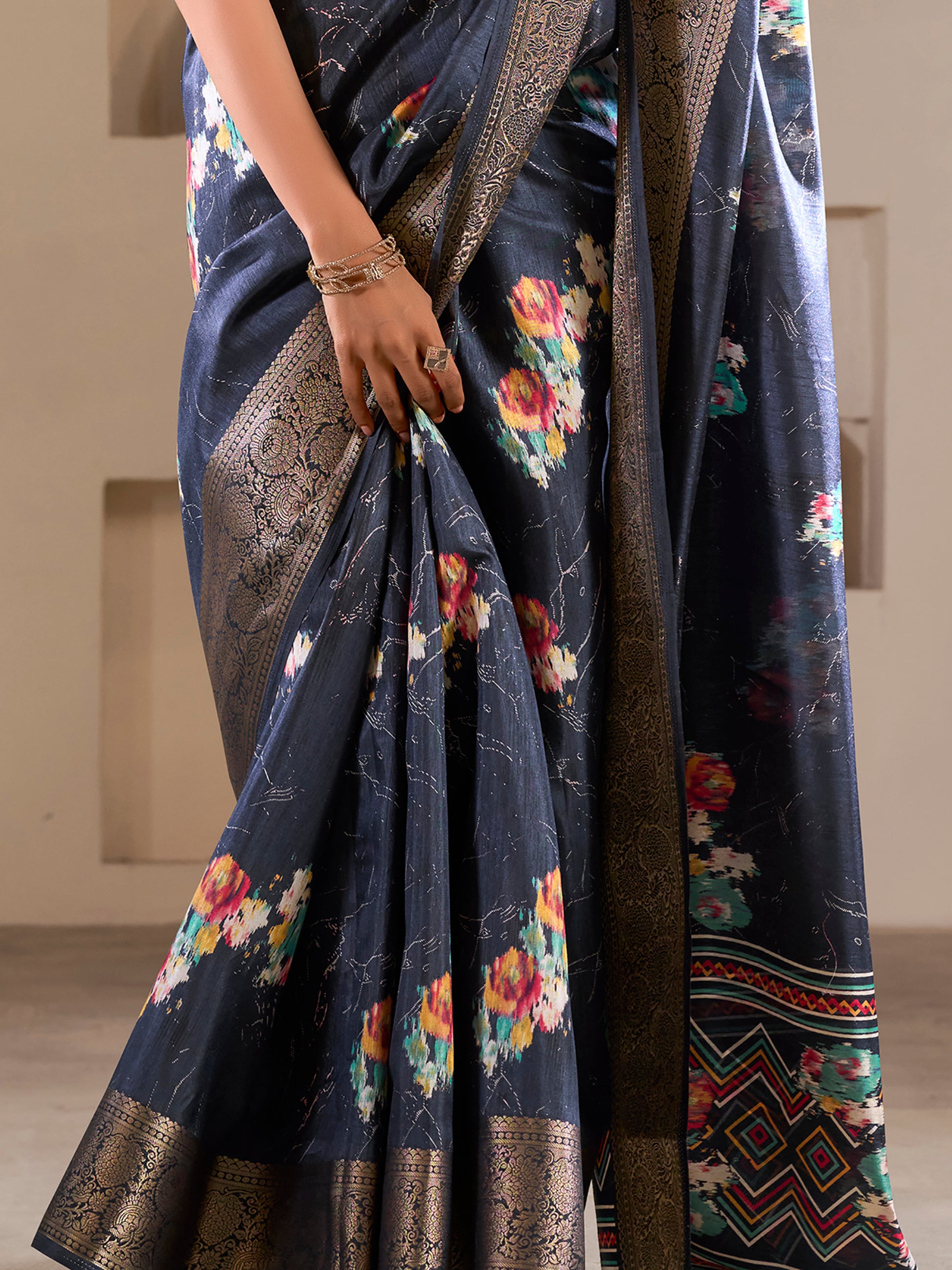 Glamorous Navy Blue Printed Silk Function Wear Saree With Blouse