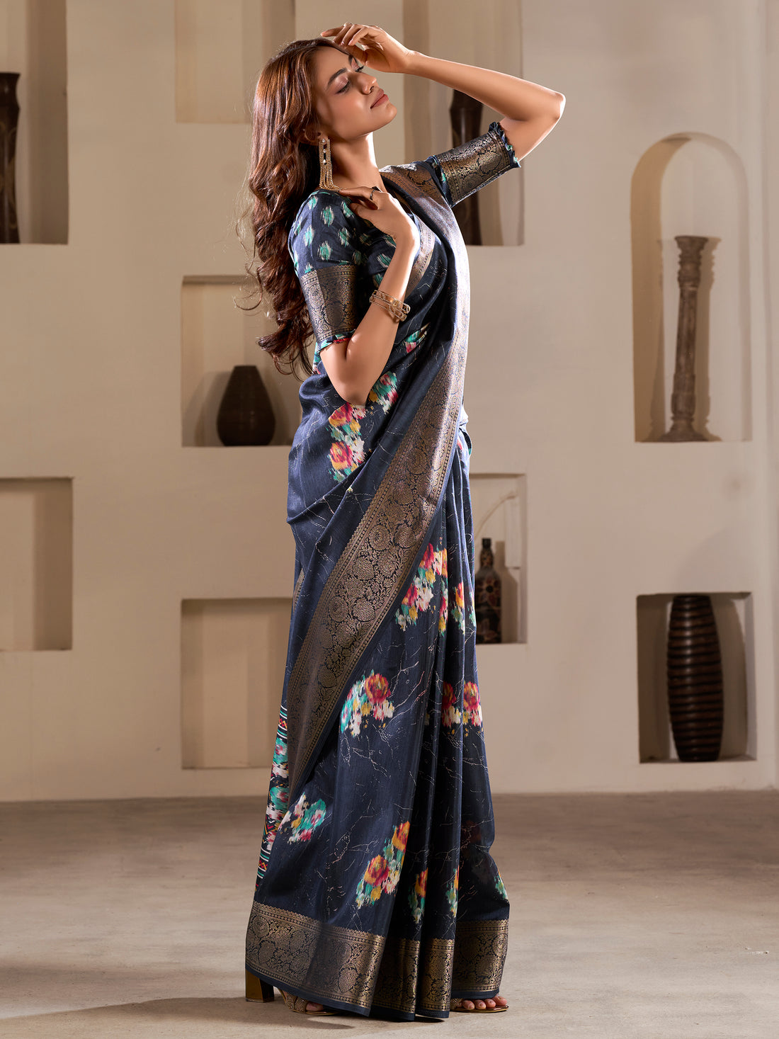 Glamorous Navy Blue Printed Silk Function Wear Saree With Blouse