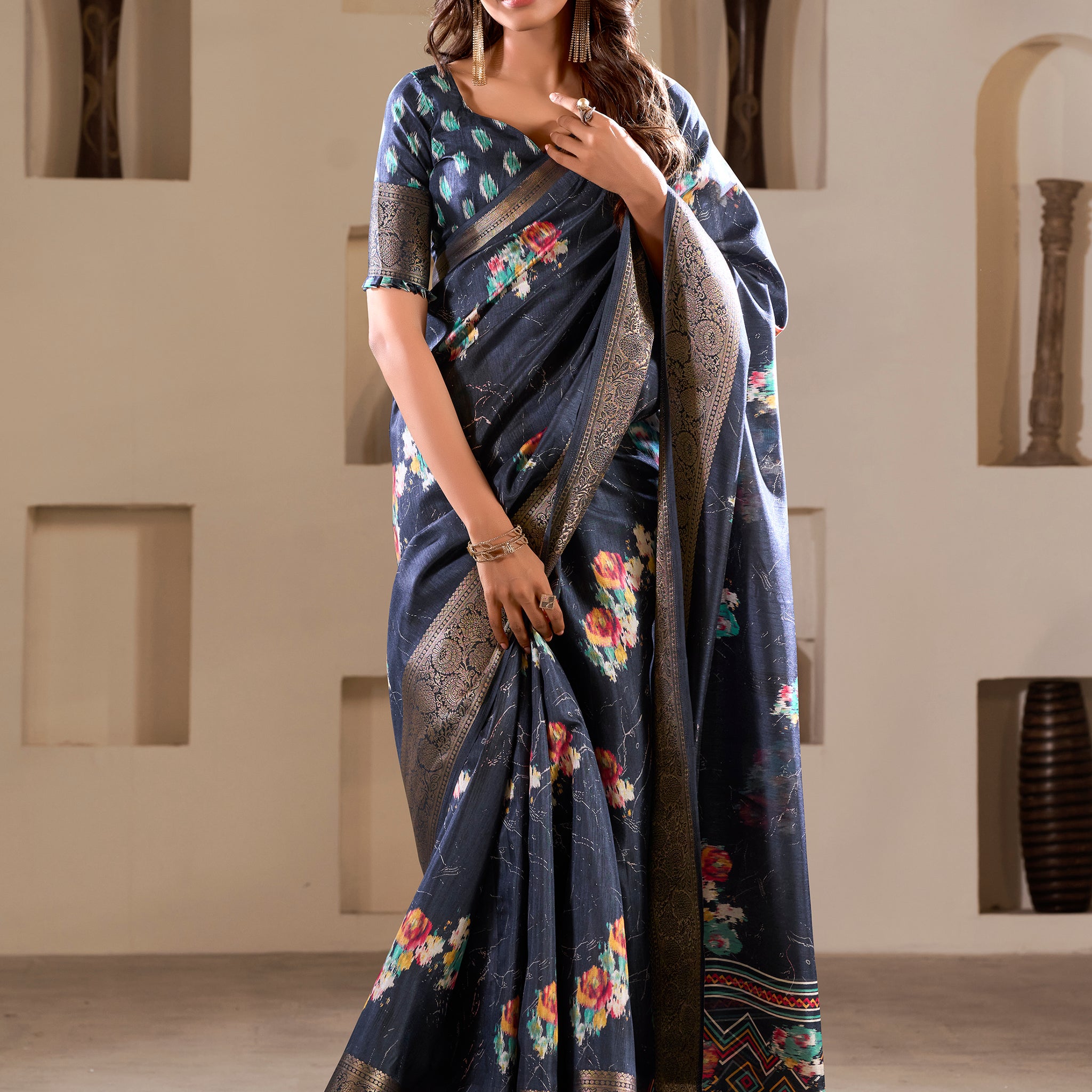 Glamorous Navy Blue Printed Silk Function Wear Saree With Blouse