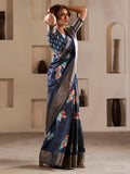 Glamorous Navy Blue Printed Silk Function Wear Saree With Blouse