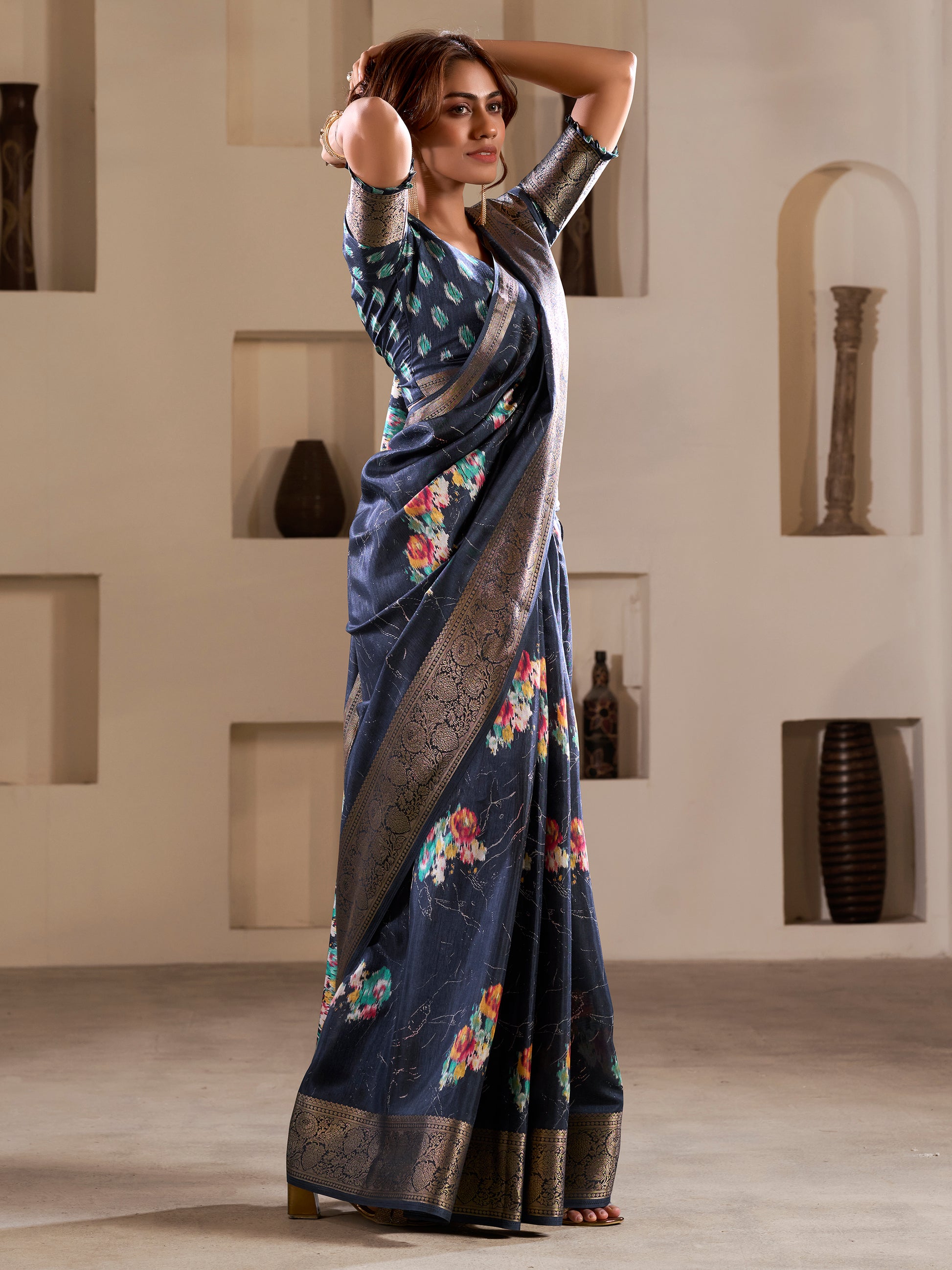 Glamorous Navy Blue Printed Silk Function Wear Saree With Blouse