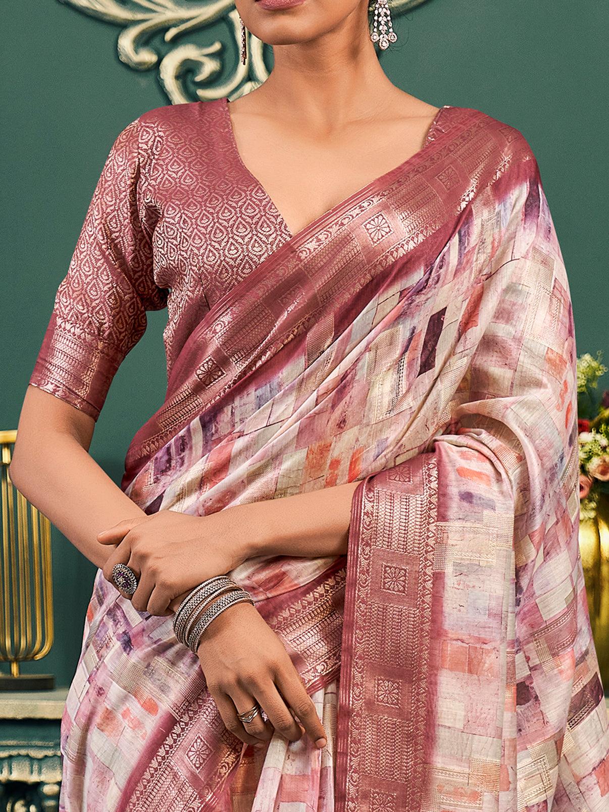 Wonderful Off-White & Dusty Pink Printed Cotton Traditional Saree