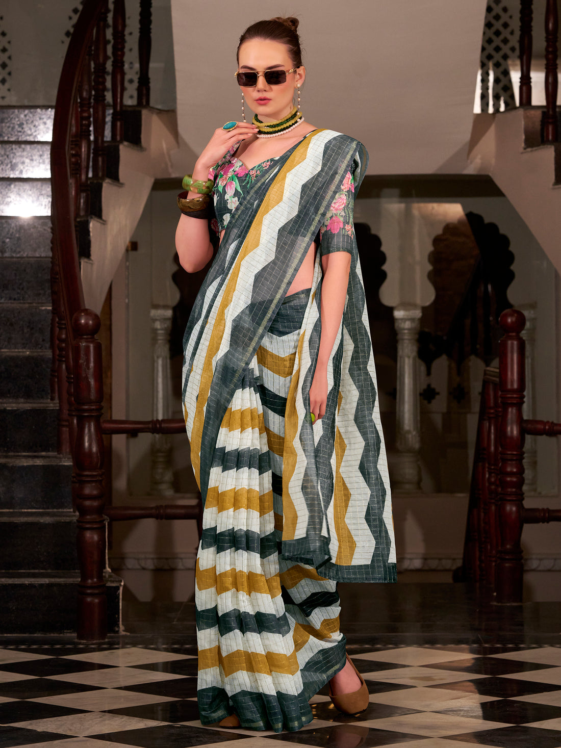 Stunning Multi-Color Floral Printed Cotton Casual Wear Saree