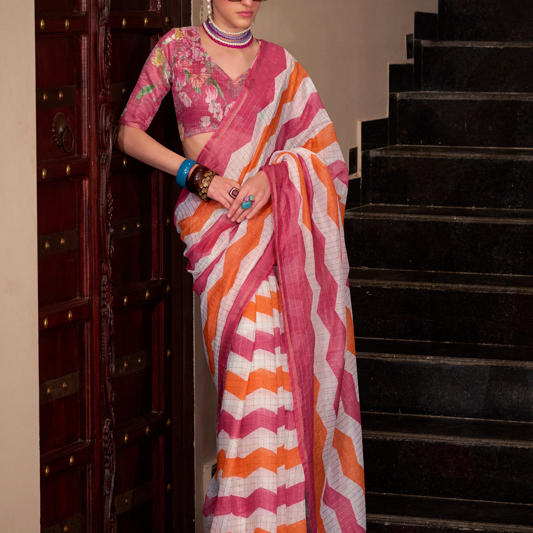Alluring Pink Floral Printed Cotton Casual Wear Saree With Blouse