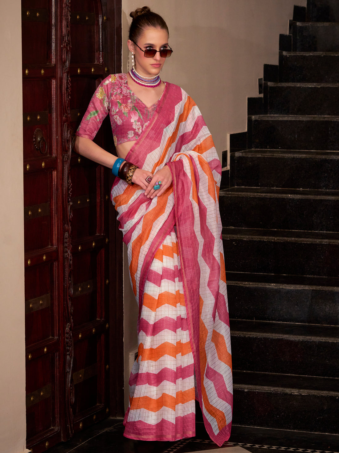 Alluring Pink Floral Printed Cotton Casual Wear Saree With Blouse
