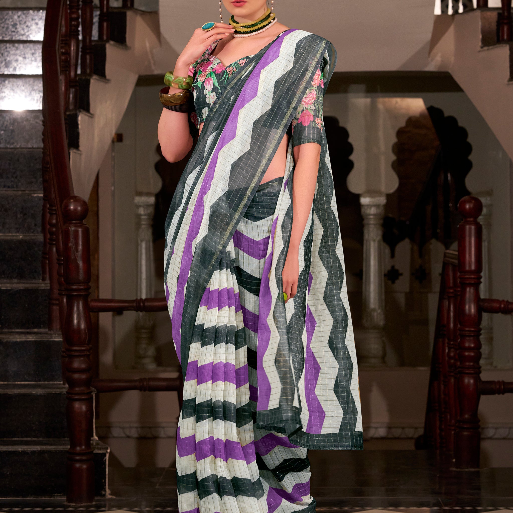 Gorgeous Multi-Color Floral Printed Cotton Traditional Saree With Blouse