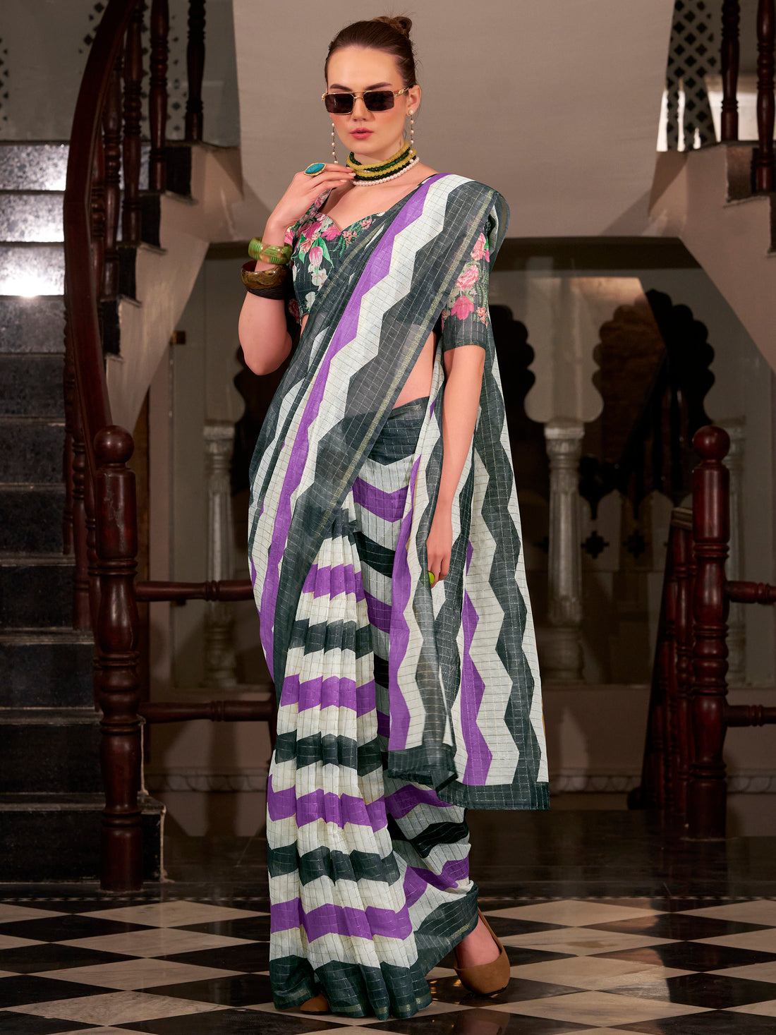 Gorgeous Multi-Color Floral Printed Cotton Traditional Saree With Blouse