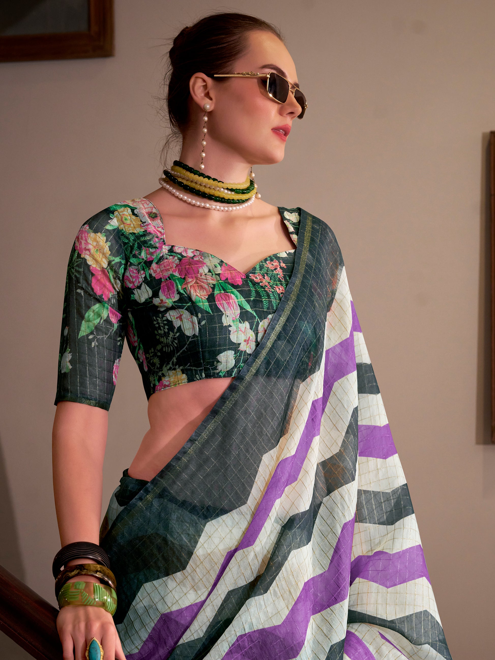 Gorgeous Multi-Color Floral Printed Cotton Traditional Saree With Blouse