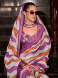 Charming Purple Floral Printed Linen Cotton Saree With Blouse