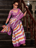 Charming Purple Floral Printed Linen Cotton Saree With Blouse