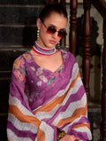 Charming Purple Floral Printed Linen Cotton Saree With Blouse