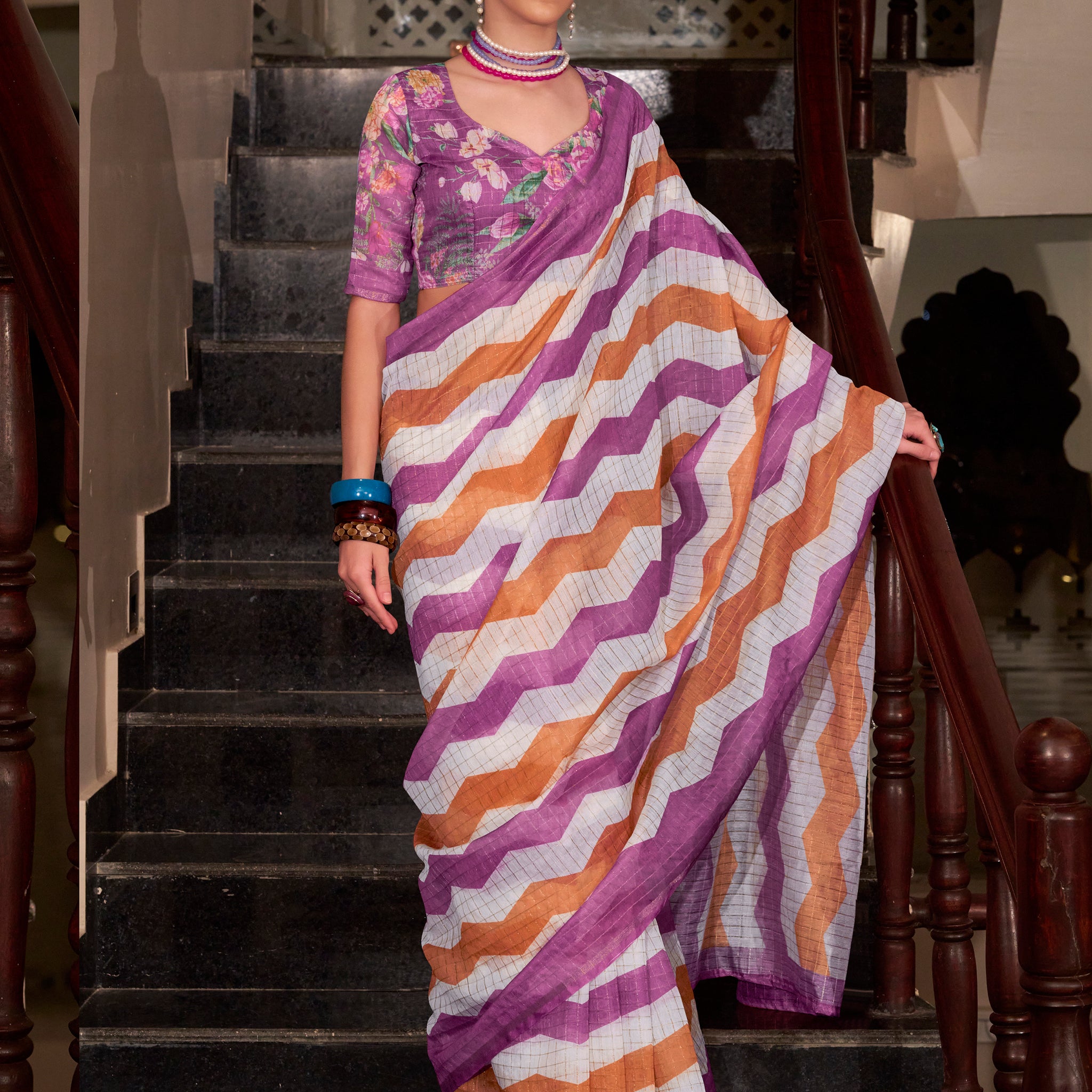 Charming Purple Floral Printed Linen Cotton Saree With Blouse