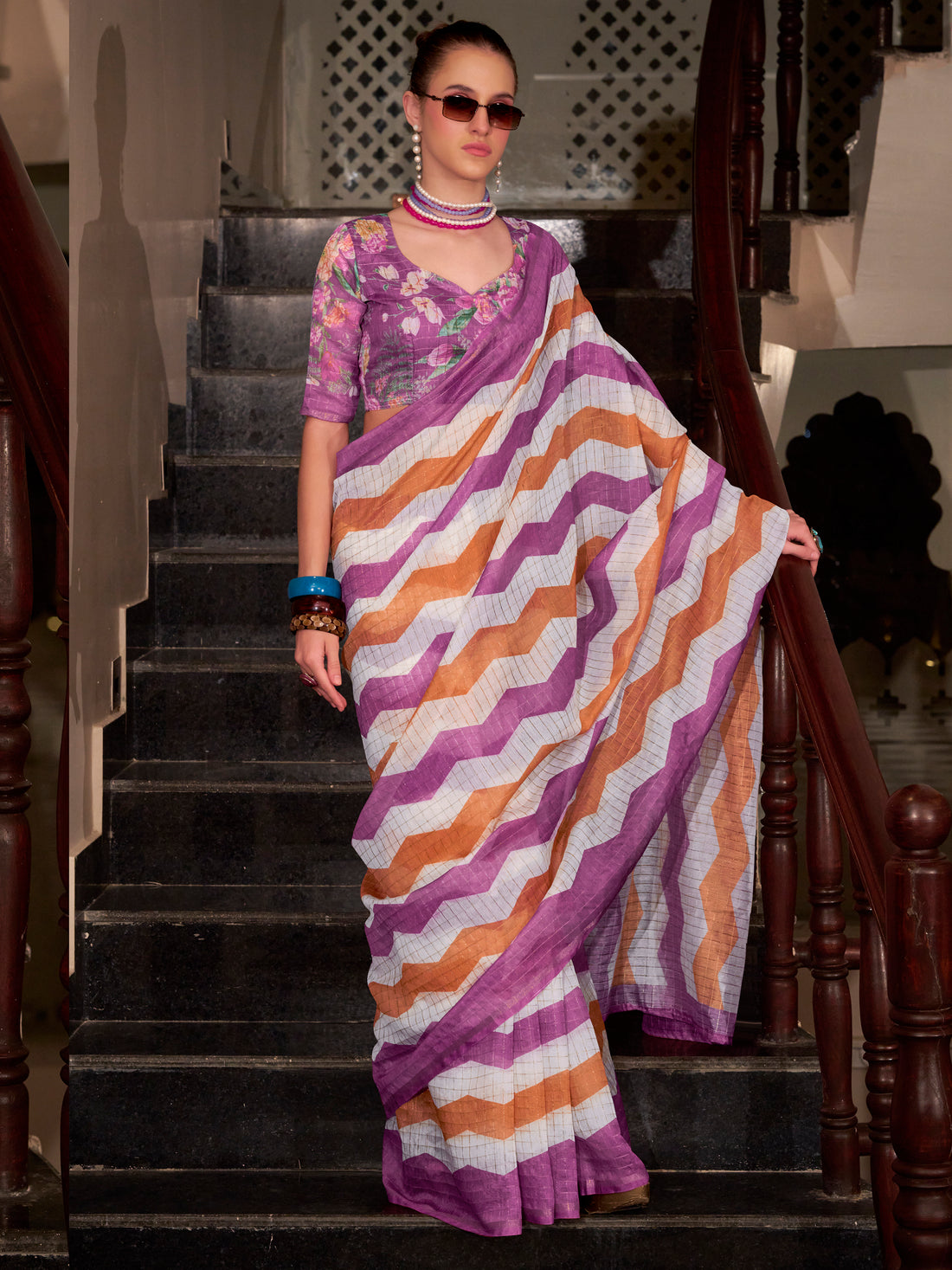 Charming Purple Floral Printed Linen Cotton Saree With Blouse