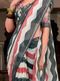 Attractive Grey Printed Cotton Casual Wear Saree With Blouse