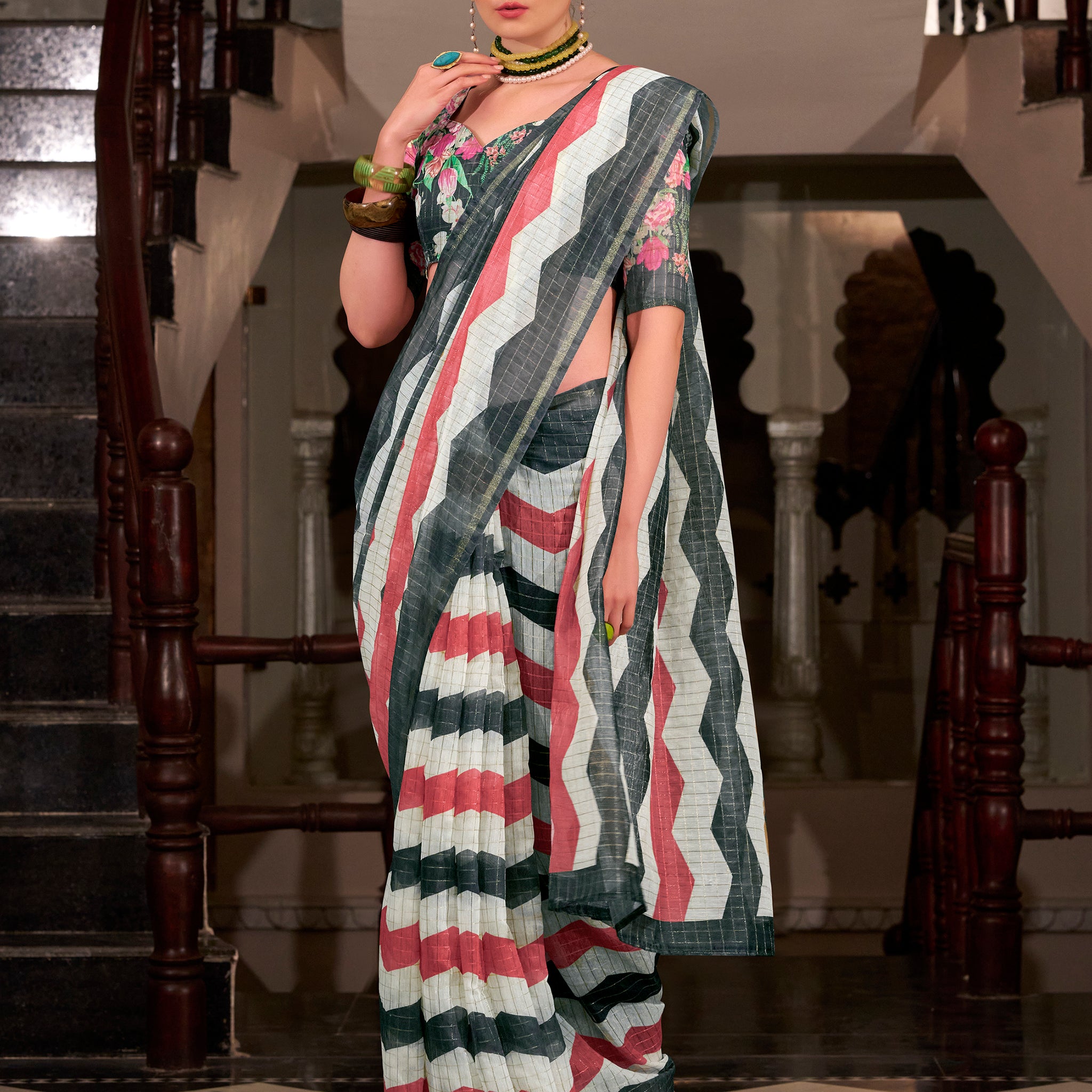 Attractive Grey Printed Cotton Casual Wear Saree With Blouse