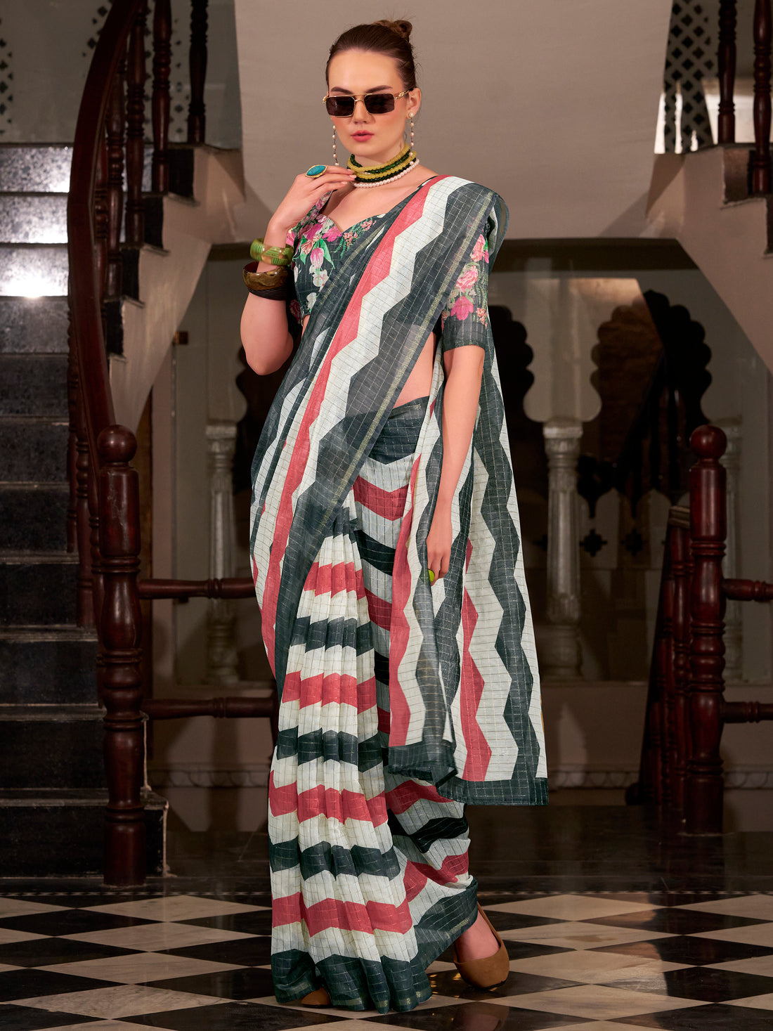 Attractive Grey Printed Cotton Casual Wear Saree With Blouse