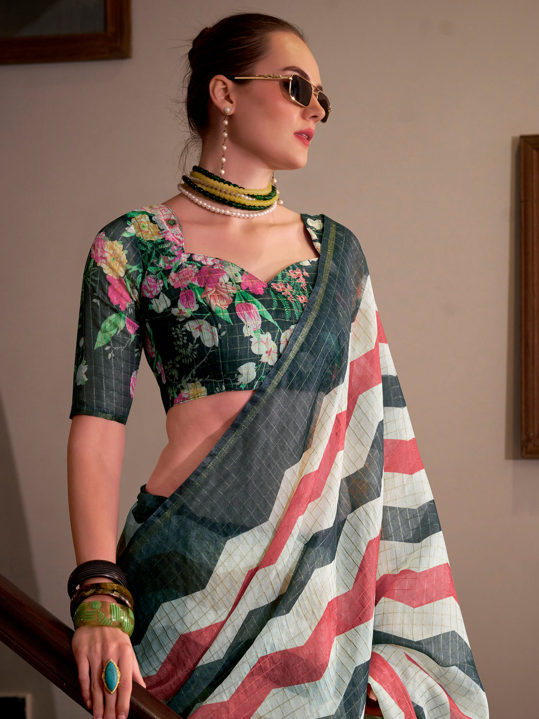 Attractive Grey Printed Cotton Casual Wear Saree With Blouse