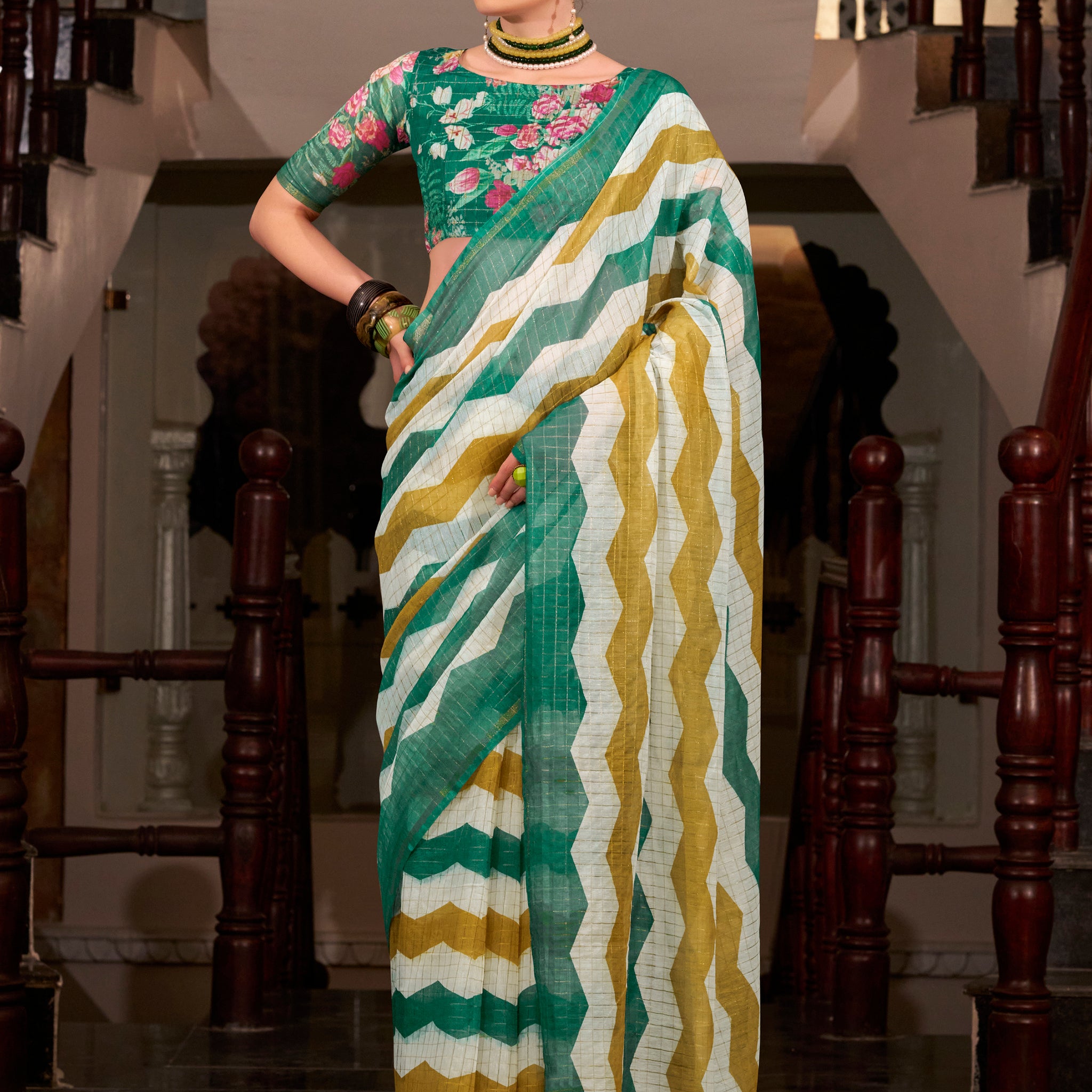 Dazzling Green Printed Cotton Festive Wear Saree With Floral Printed Blouse