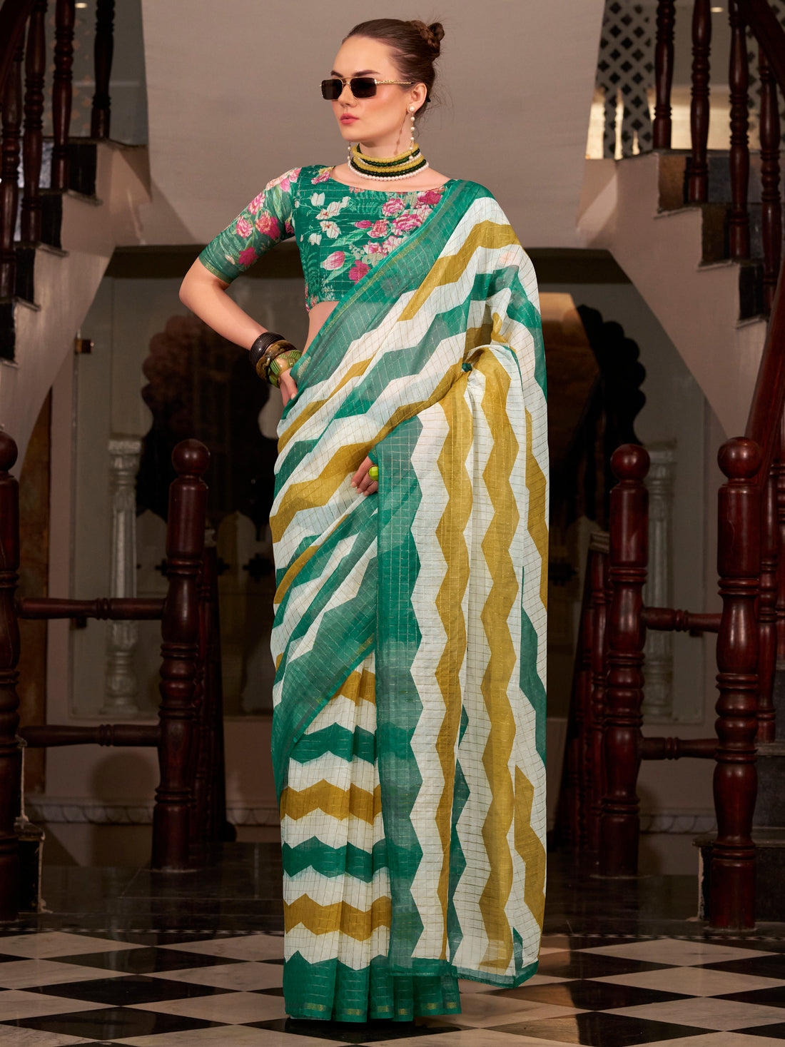 Dazzling Green Printed Cotton Festive Wear Saree With Floral Printed Blouse