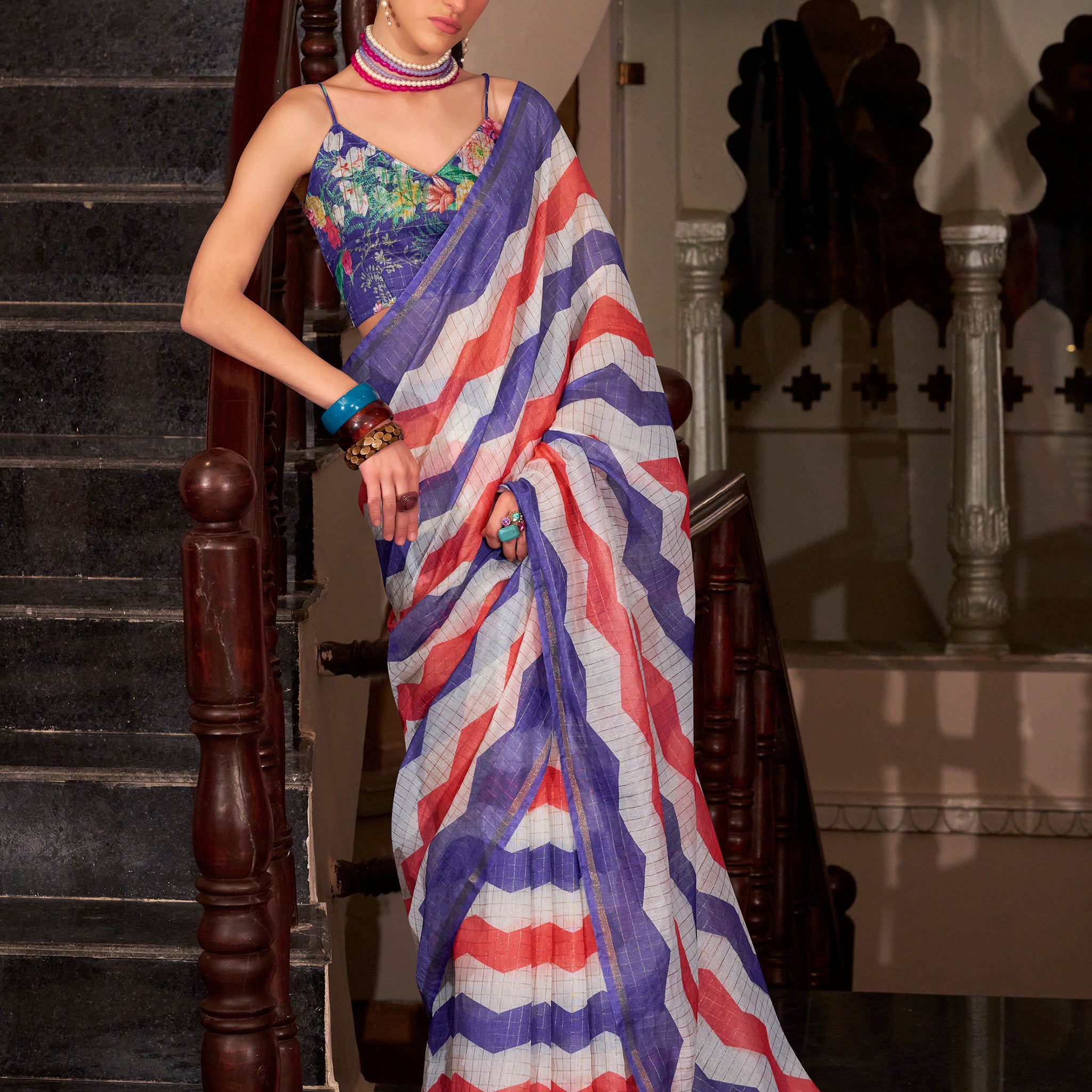 Fabulous Blue Printed Cotton Casual Wear Saree With Blouse