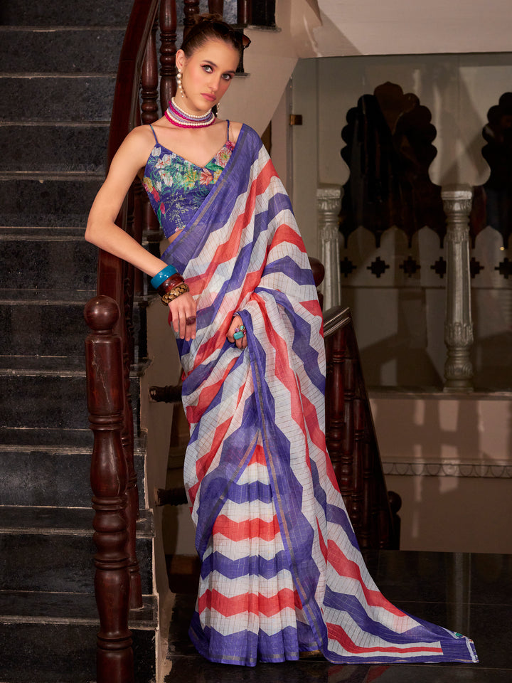 Fabulous Blue Printed Cotton Casual Wear Saree With Blouse