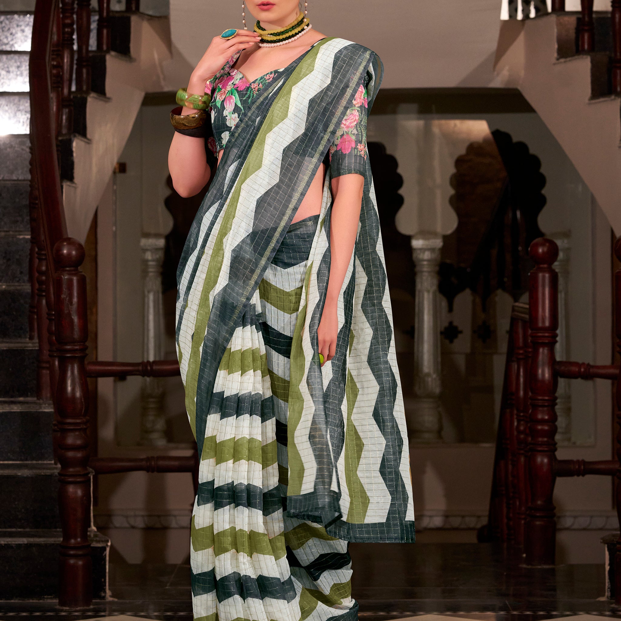 Awesome Multi-Color Printed Cotton Office Wear Saree With Blouse