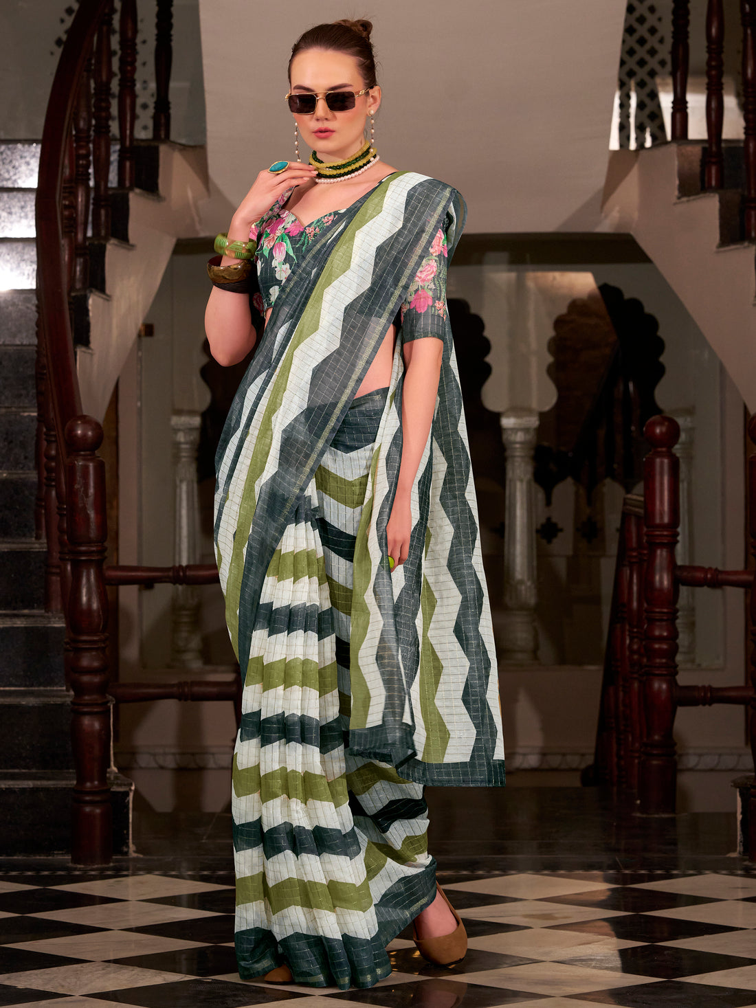 Awesome Multi-Color Printed Cotton Office Wear Saree With Blouse