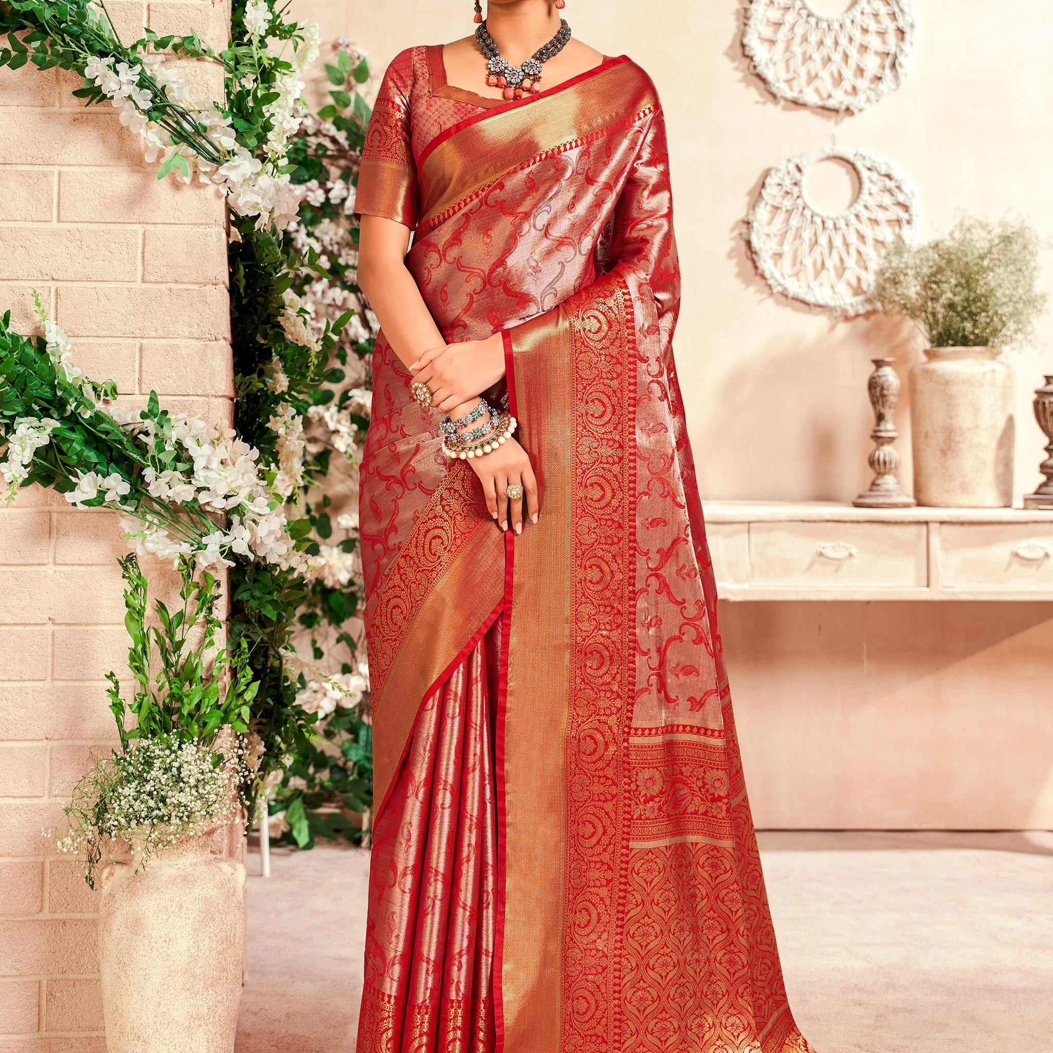Fascinating Red Zari Weaving Silk Traditional Saree With Blouse