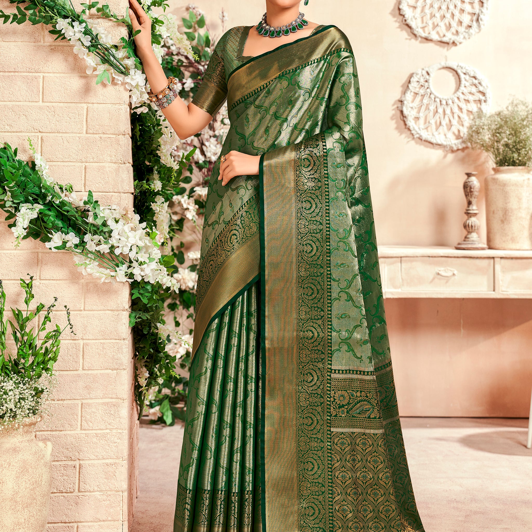 Mesmerizing Green Zari Weaving Silk Mehendi Wear Saree With Blouse