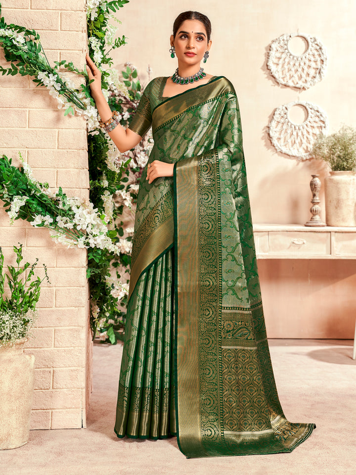 Mesmerizing Green Zari Weaving Silk Mehendi Wear Saree With Blouse