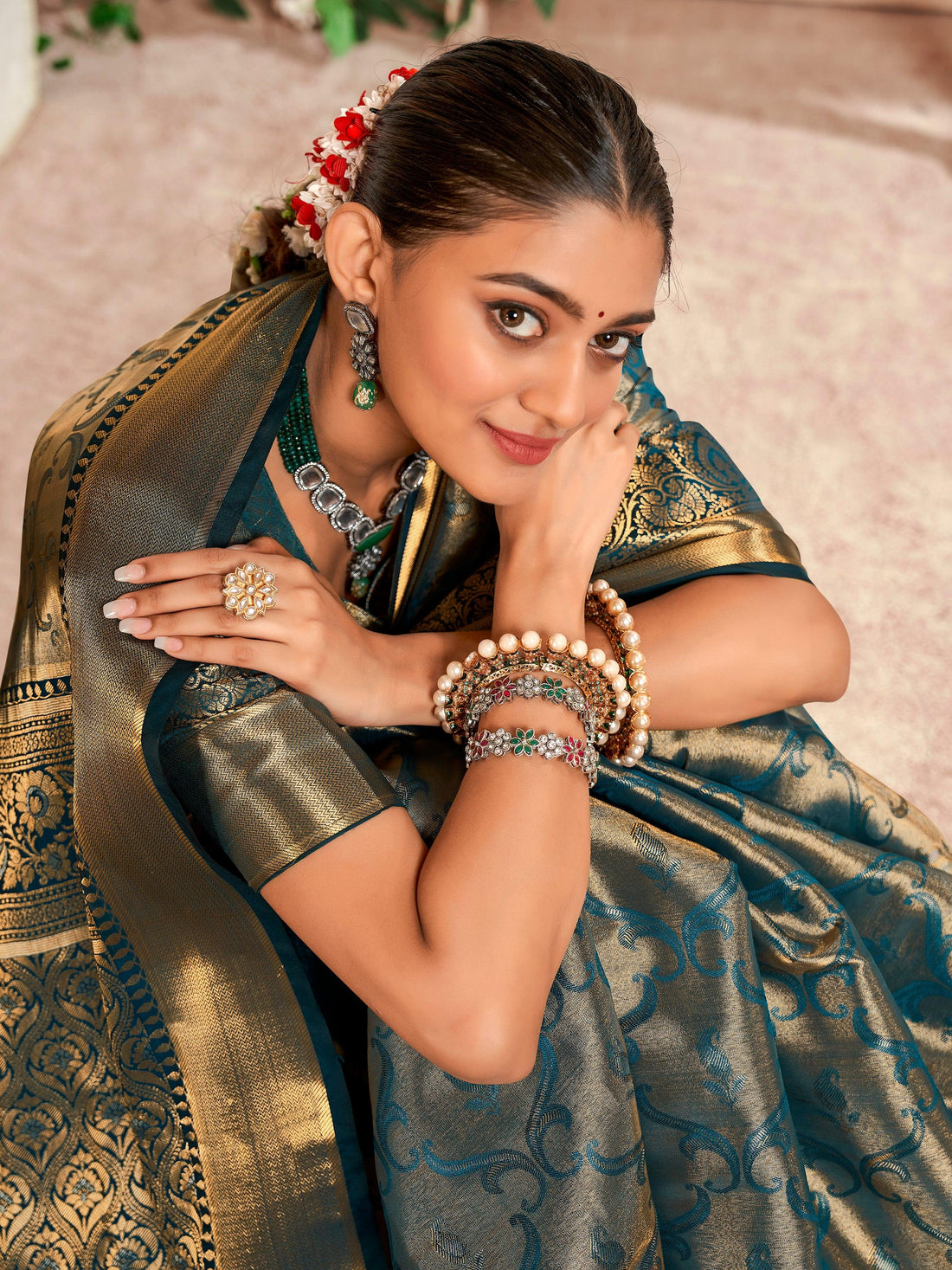 Bewitching Teal Blue Zari Weaving Silk Traditional Saree With Blouse