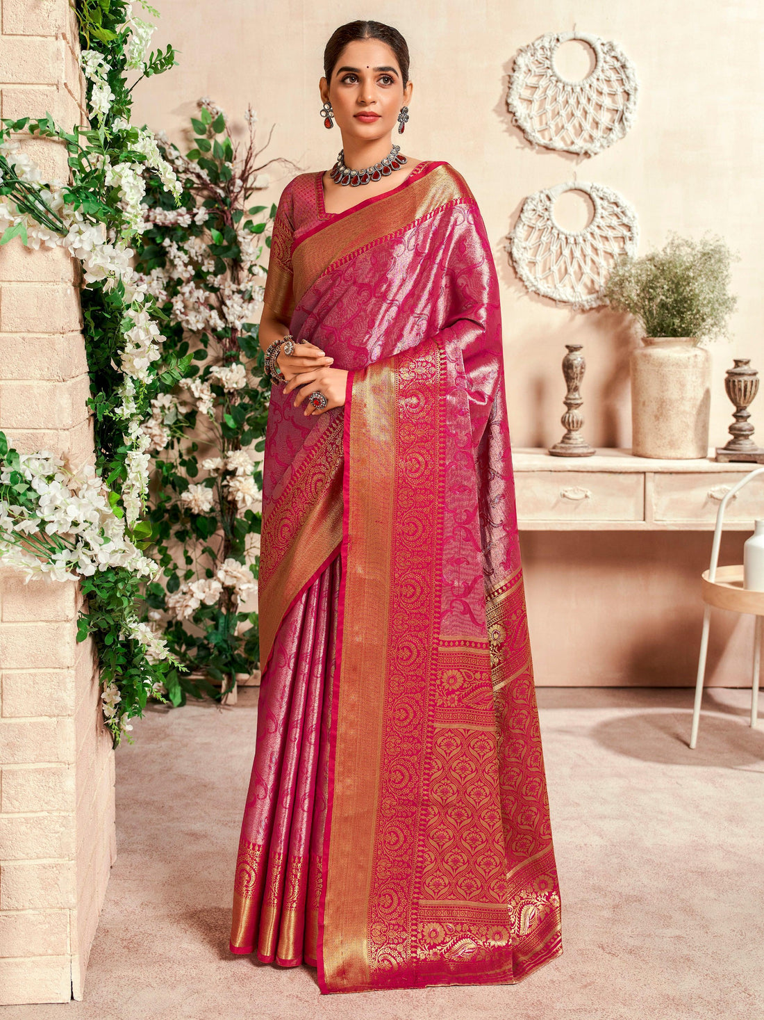 Precious Pink Zari Weaving Silk Festival Wear Saree With Blouse