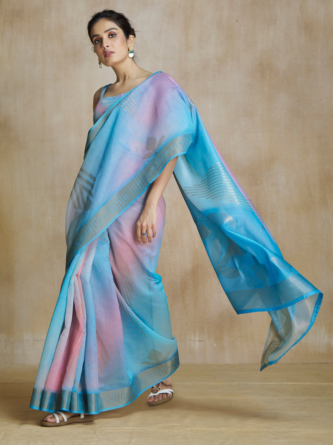 Glamorous Sky Blue Digital Printed Silk Party Wear Saree With Blouse