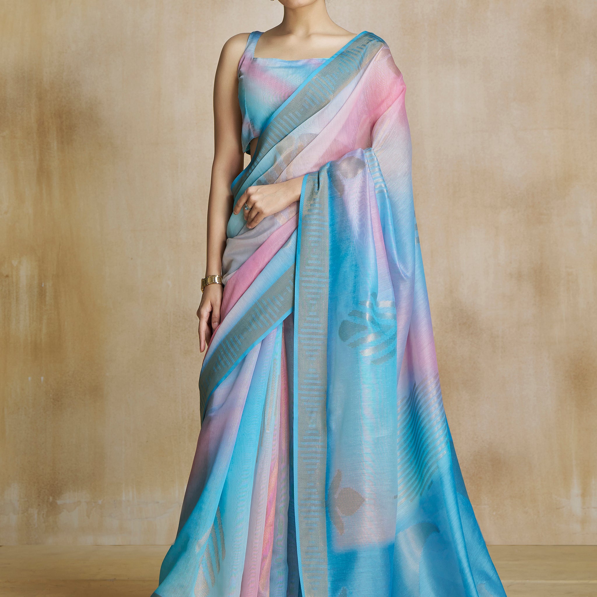 Glamorous Sky Blue Digital Printed Silk Party Wear Saree With Blouse