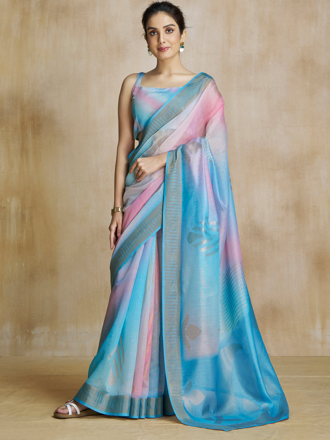 Glamorous Sky Blue Digital Printed Silk Party Wear Saree With Blouse