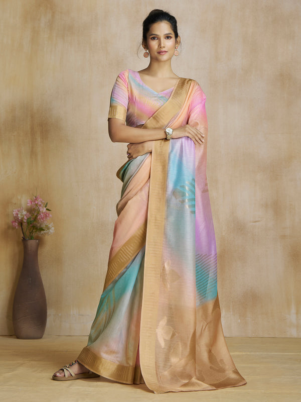 Enchanting Multi Color Digital Printed Silk Event Wear Saree With Blouse
