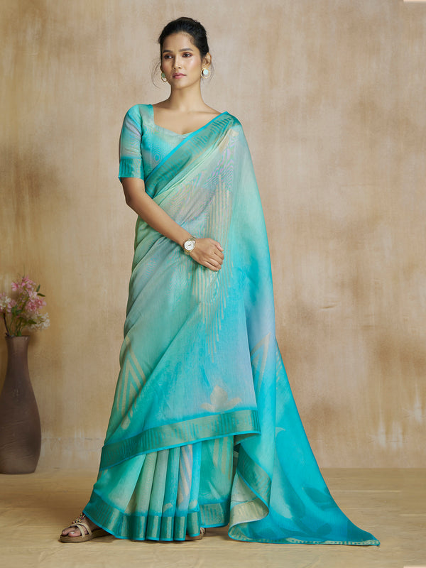 Captivating Aqua Blue Digital Printed Silk Casual Wear Saree With Blouse