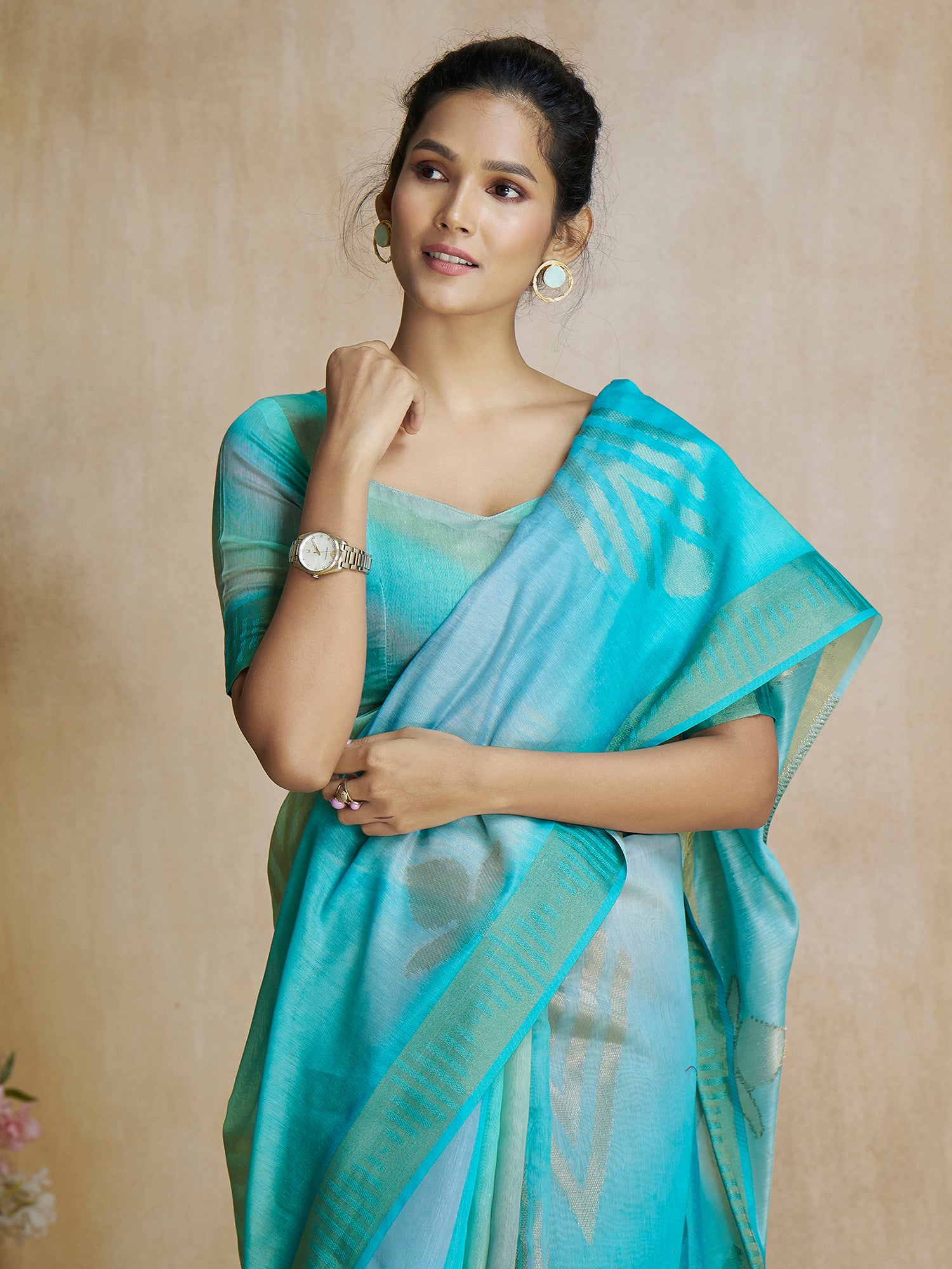 Captivating Aqua Blue Digital Printed Silk Casual Wear Saree With Blouse