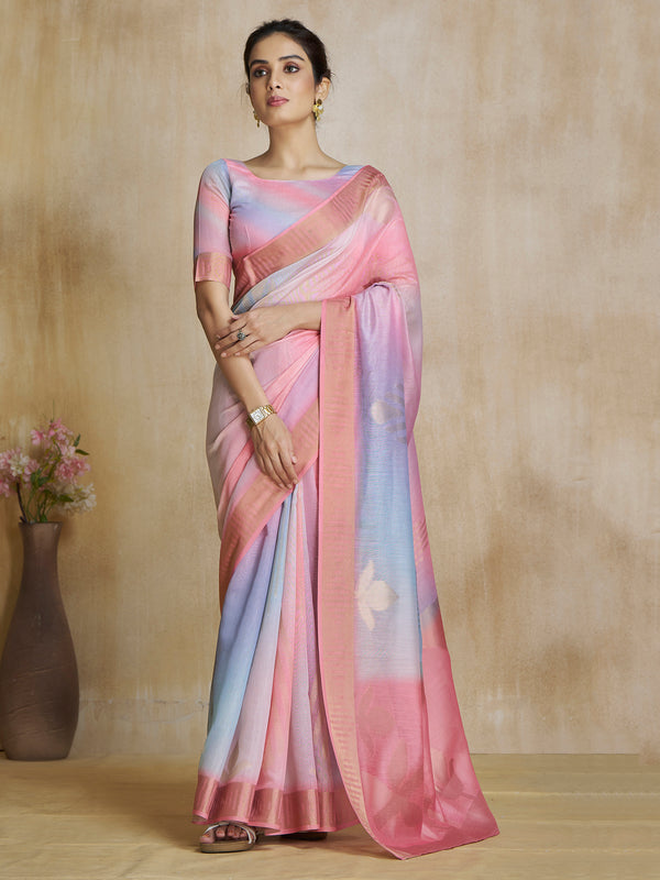Tantalizing Pink Digital Printed Silk Event Wear Saree With Blouse
