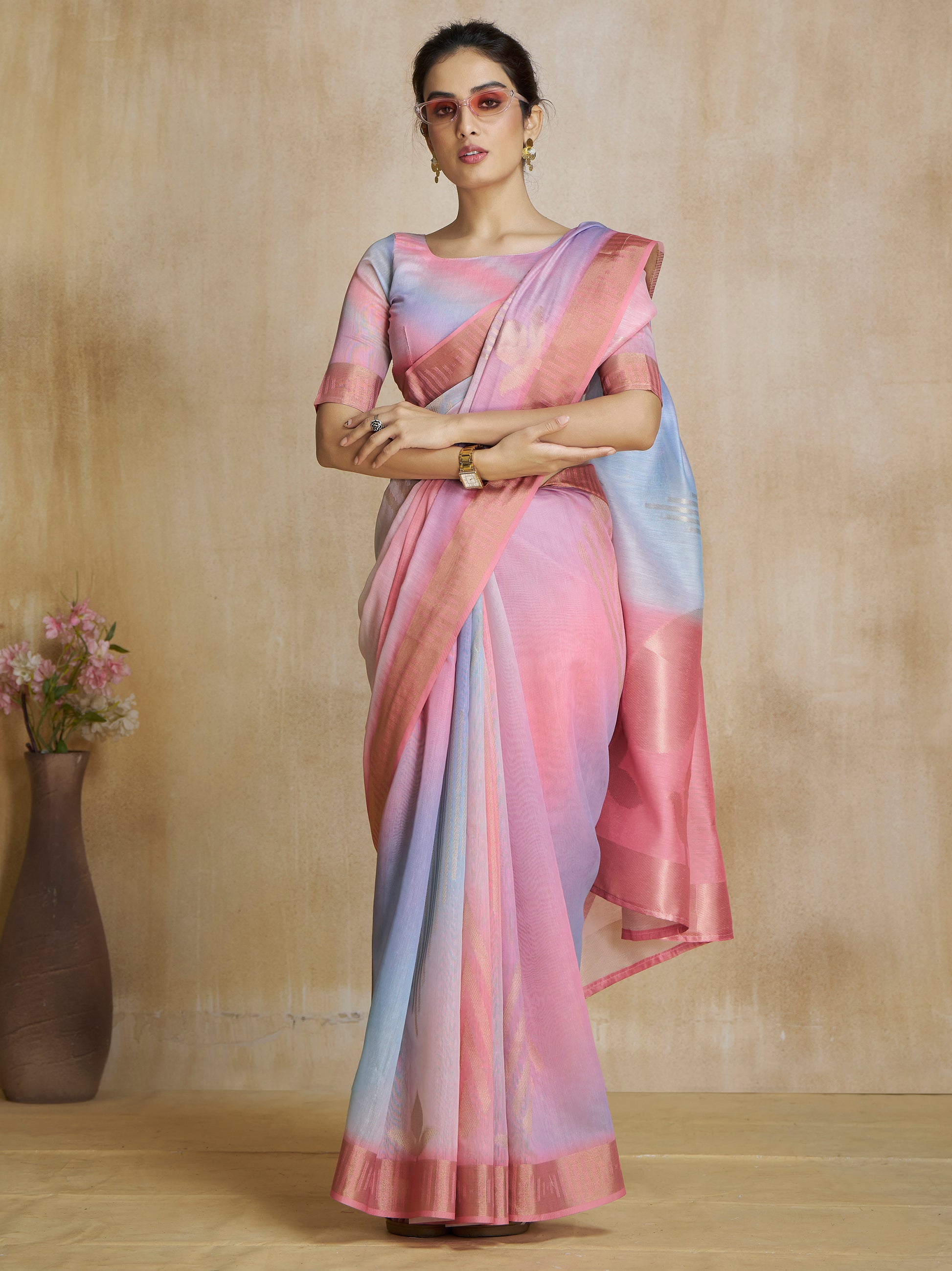 Tantalizing Pink Digital Printed Silk Event Wear Saree With Blouse
