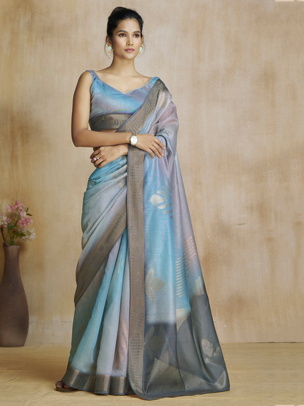 Charming Blue Digital Printed Silk Festival Wear Saree With Blouse