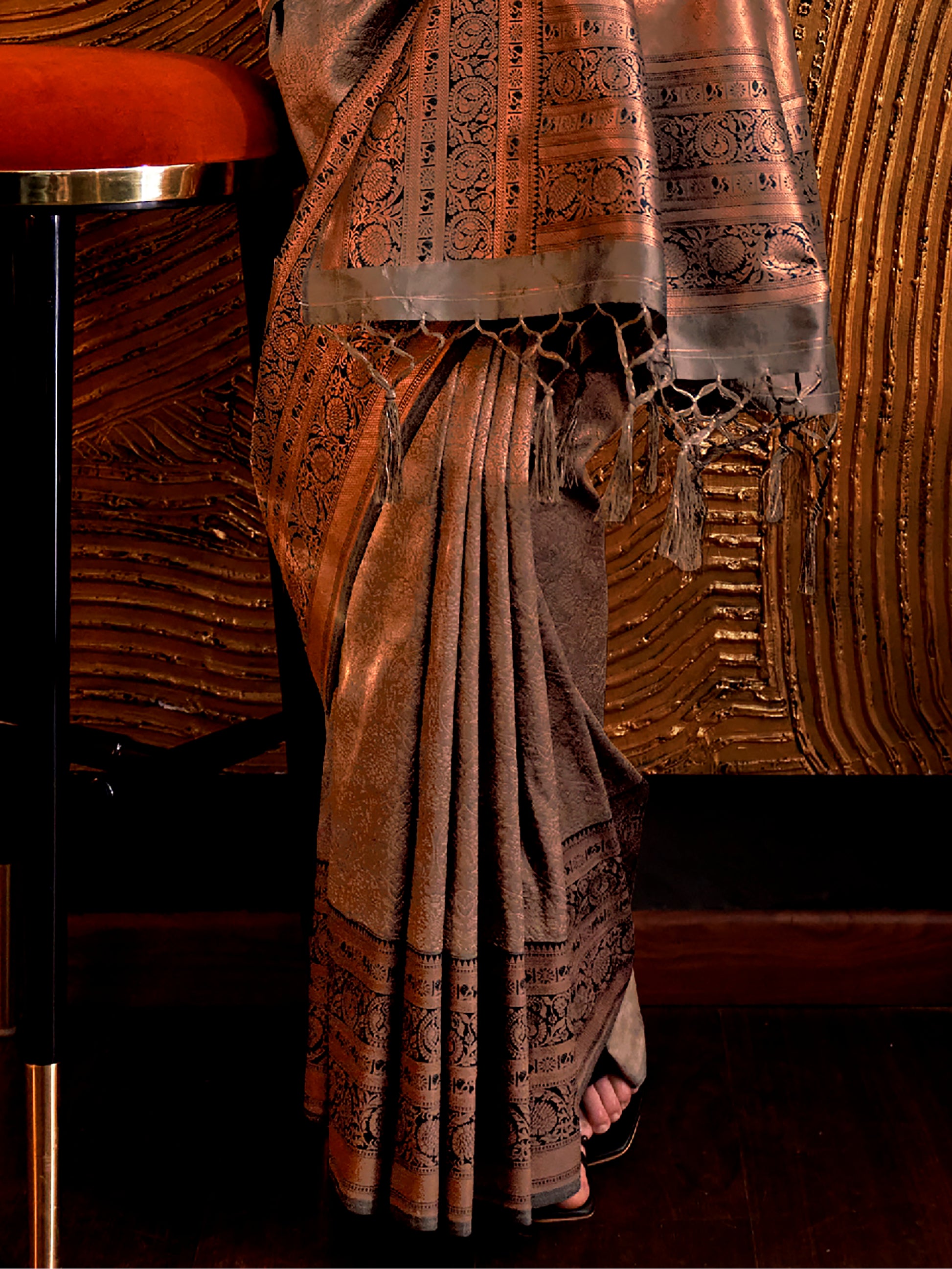 Captivating Brown Weaving Silk Function Wear Saree With Blouse