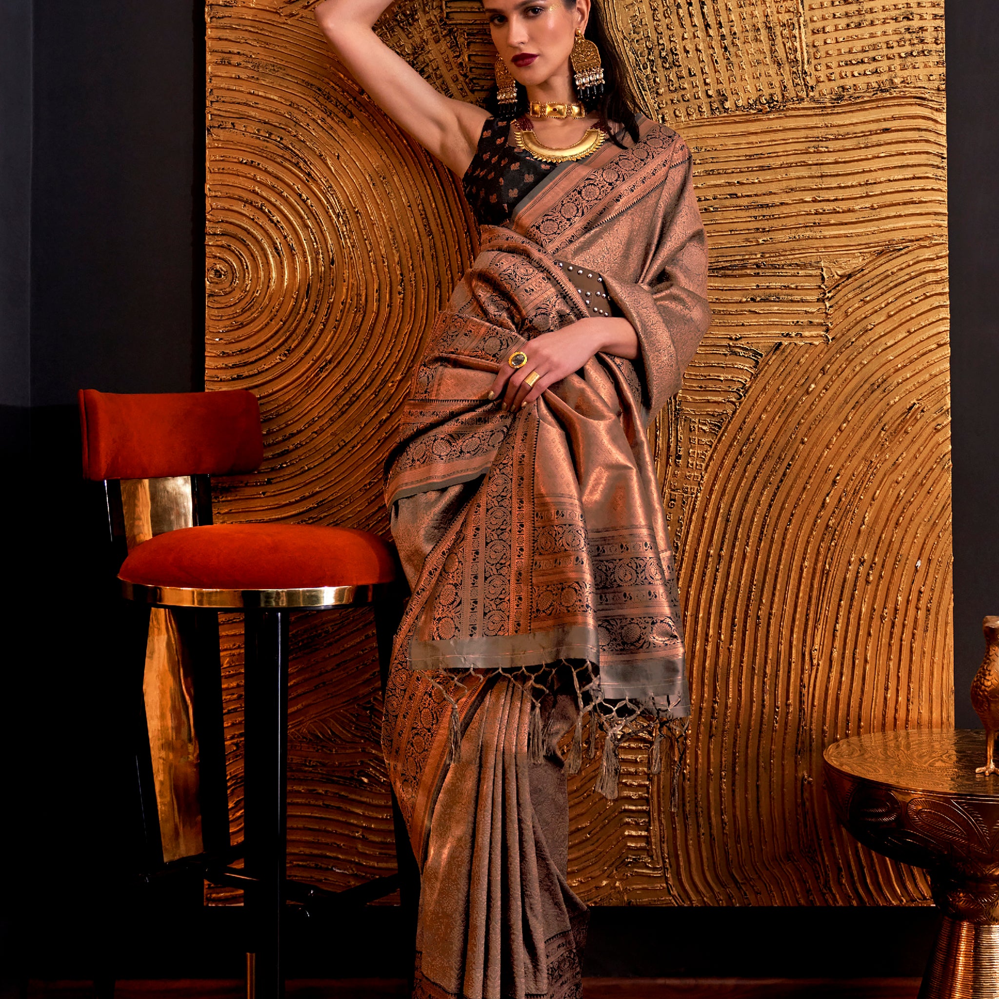 Captivating Brown Weaving Silk Function Wear Saree With Blouse