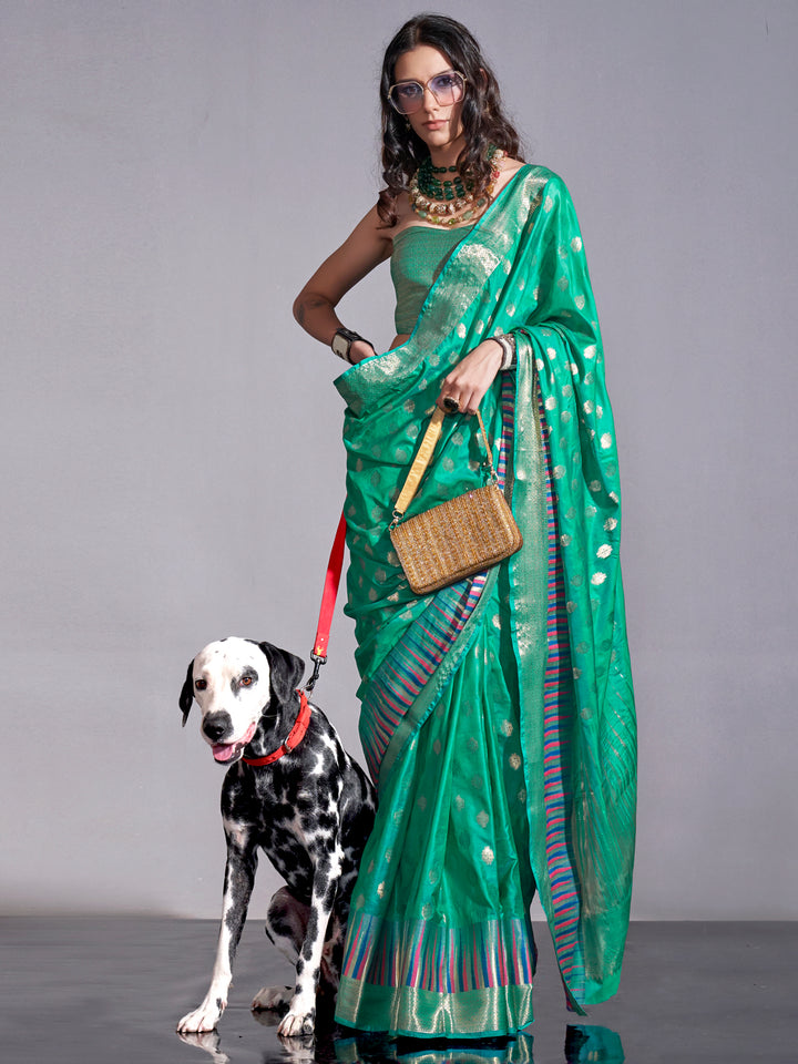 Beautiful Teal Green Zari Weaving Silk Traditional Saree With Blouse