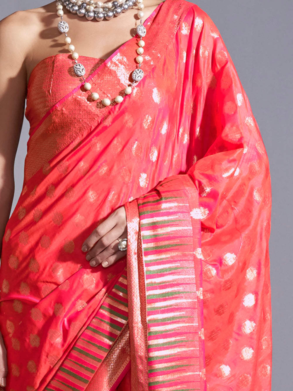 Lovely Coral Red Zari Weaving Silk Function Wear Saree With Blouse
